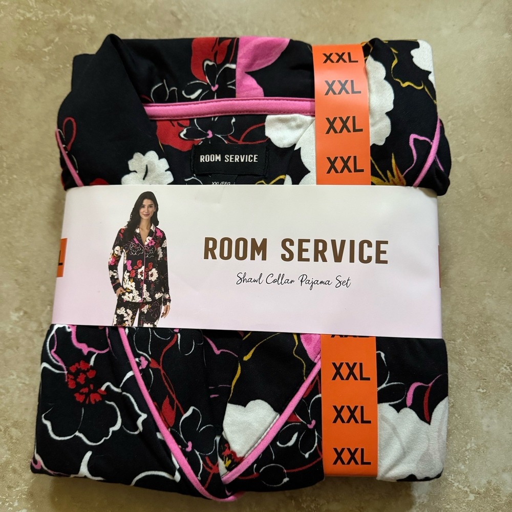 Room Service‎ Pajama Set Women XXL Shawl Collar 2pc Black Floral Blossom NEW